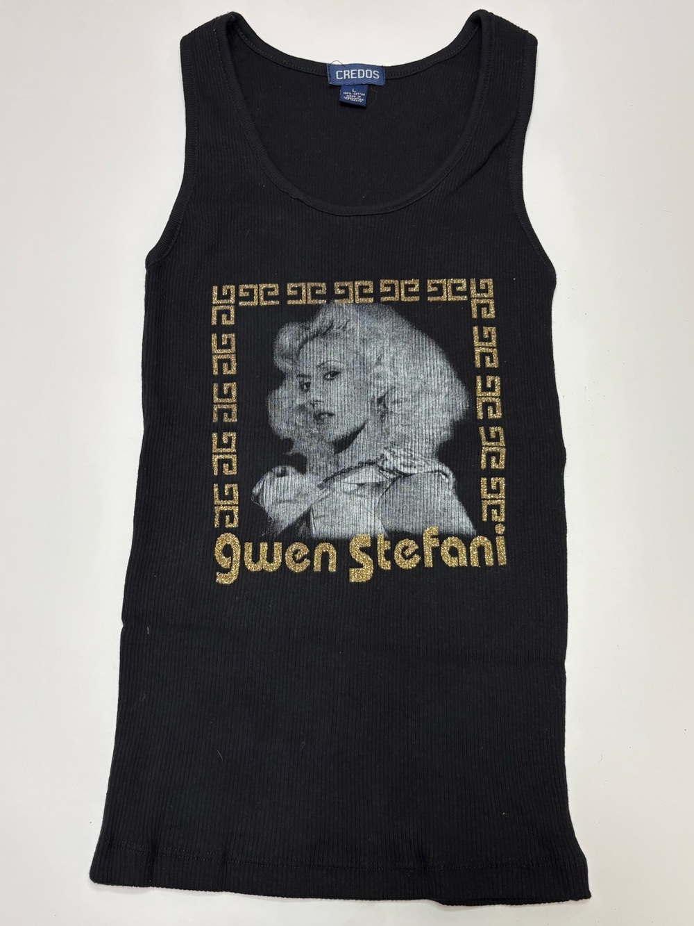 RARE Vintage Y2K Gwen Stefani Glitter Ribbed Tank Top Black Size L Credos